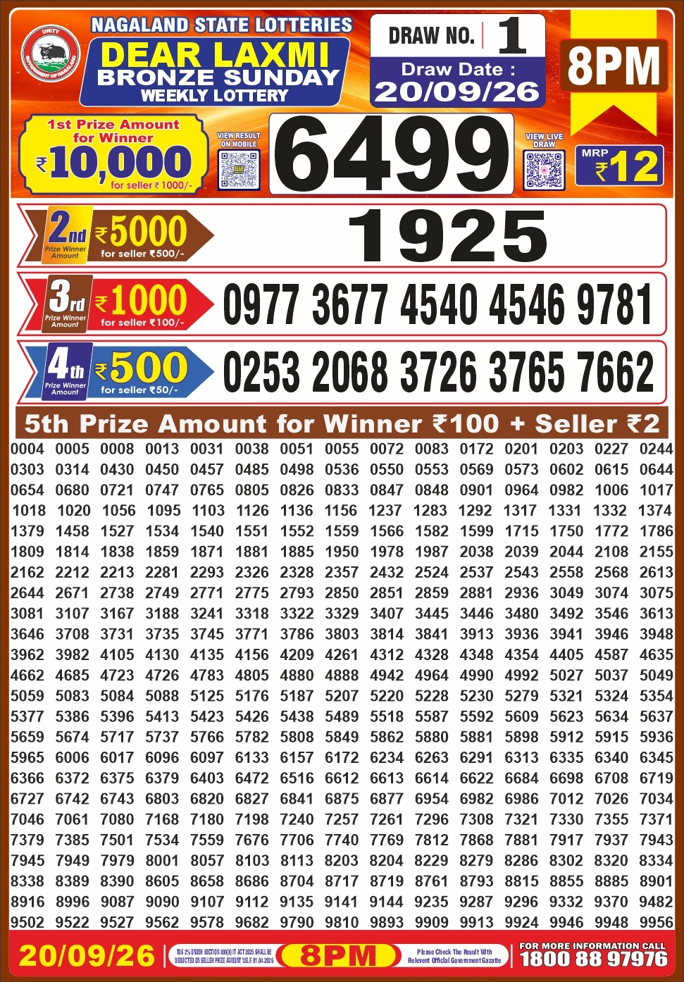 Nagaland State Dear Laxmi Bronze Sunday lottery result 20.09.2026