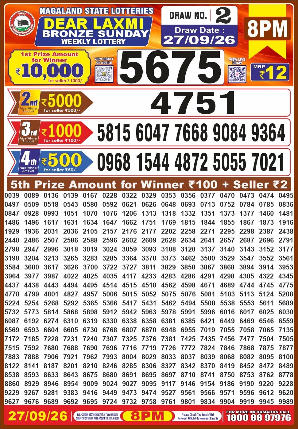 Nagaland State Dear Laxmi Bronze Sunday lottery result 27.09.2026