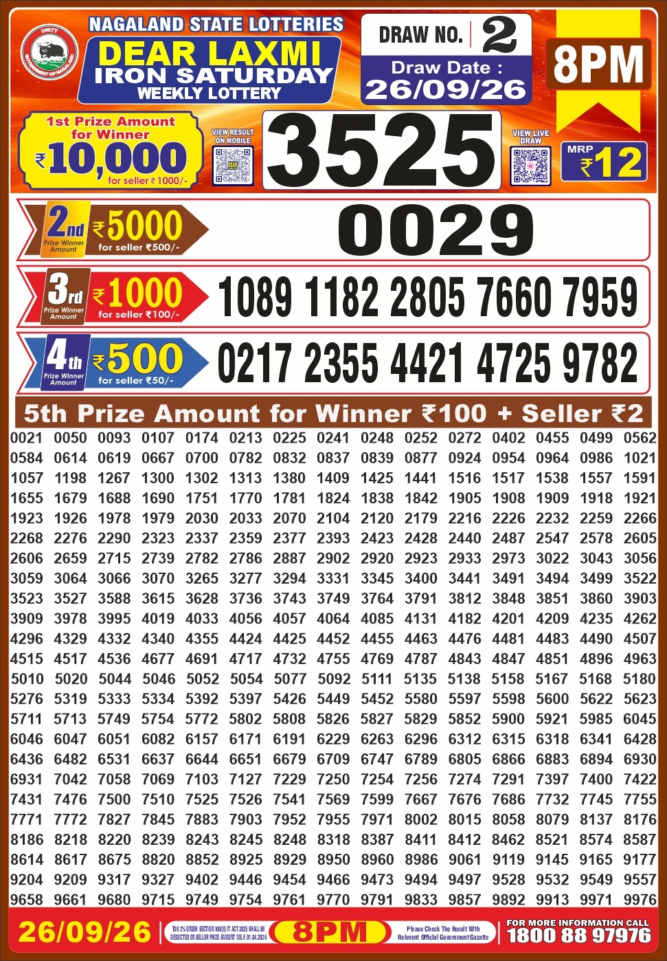 Nagaland State Dear Laxmi Iron Saturday lottery result 26.09.2026