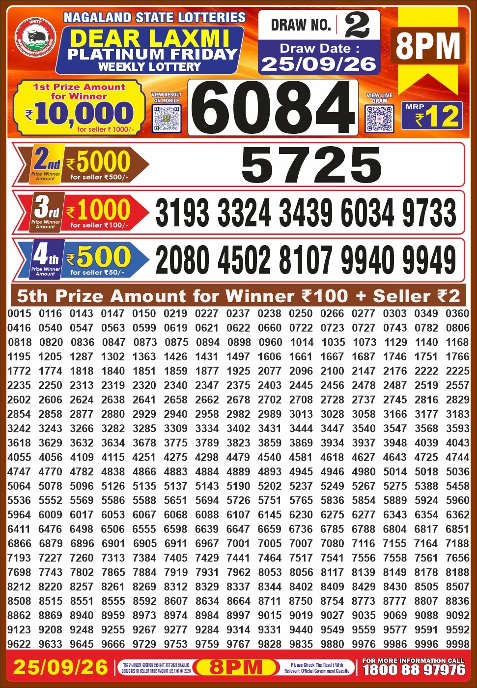 Nagaland State Dear Laxmi Platinum Friday lottery result 25.09.2026