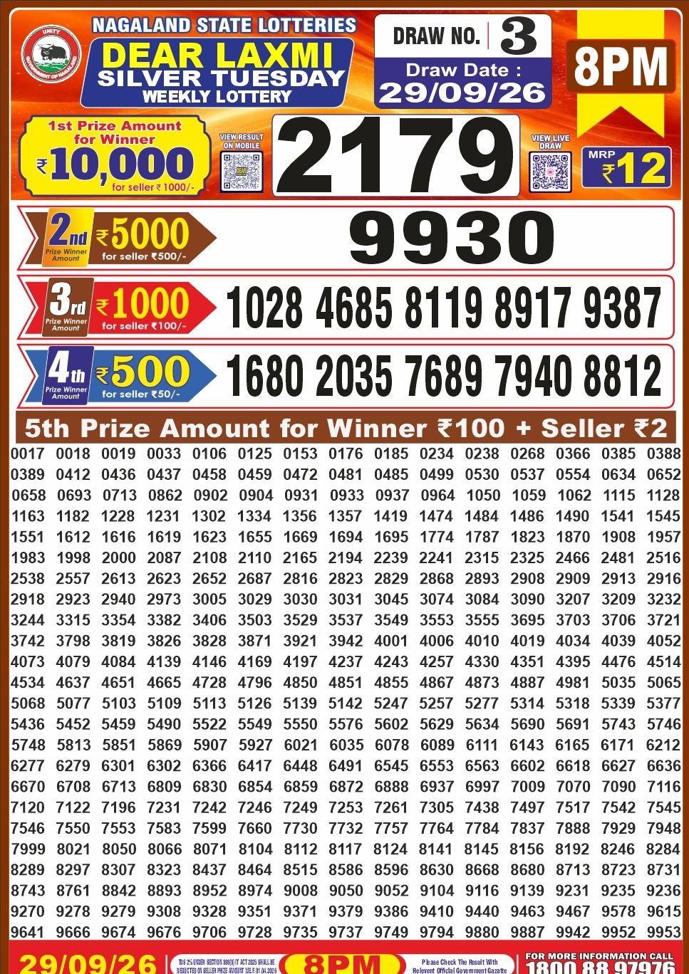 Nagaland State Dear Laxmi Silver Tuesday lottery result 29.09.2026