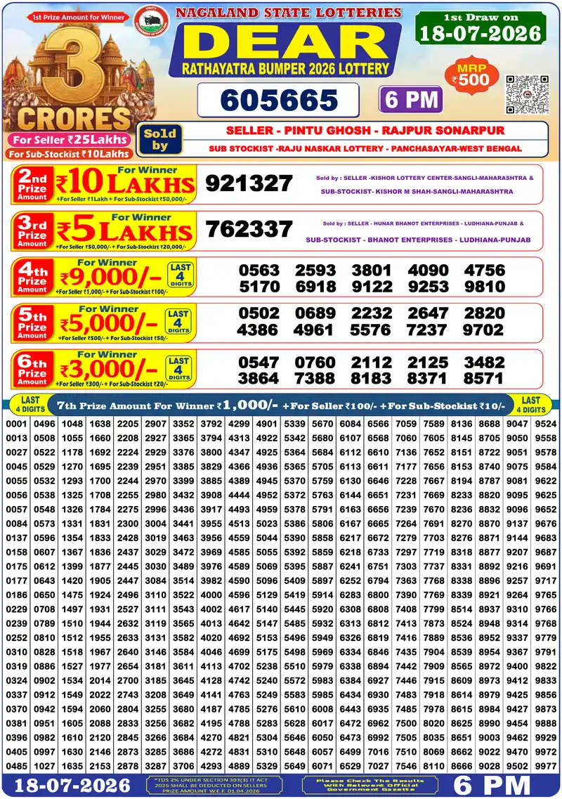 Nagaland State Rathayatra Bumper 2026 lottery result 18.07.2026