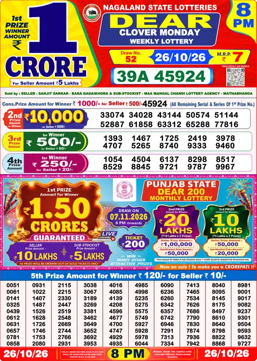 Nagaland State Dear Clover Monday lottery result 26.10.2026