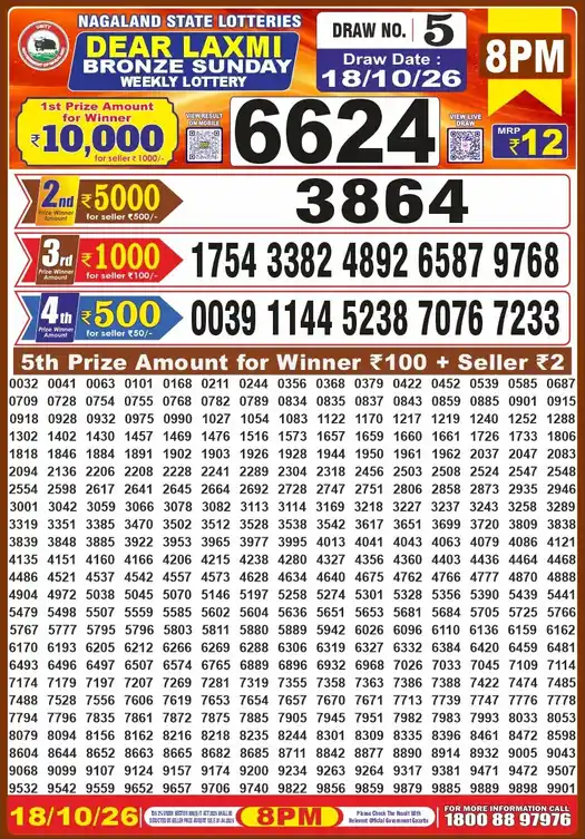 Nagaland State Dear Laxmi Bronze Sunday lottery result 18.10.2026
