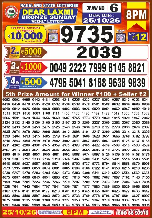 Nagaland State Dear Laxmi Bronze Sunday lottery result 25.10.2026
