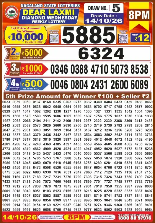 Nagaland State Dear Laxmi Diamond Wednesday lottery result 14.10.2026