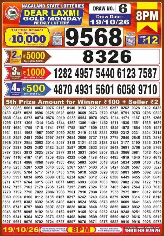 Nagaland State Dear Laxmi Gold Monday lottery result 19.10.2026