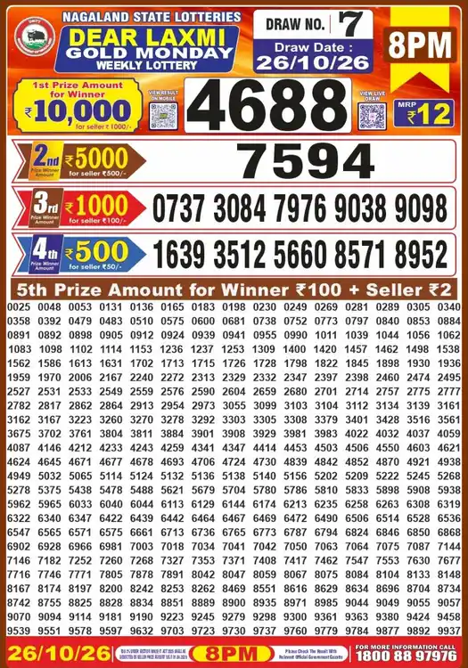 Nagaland State Dear Laxmi Gold Monday lottery result 26.10.2026