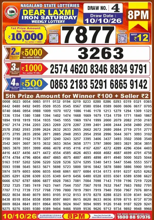 Nagaland State Dear Laxmi Iron Saturday lottery result 10.10.2026