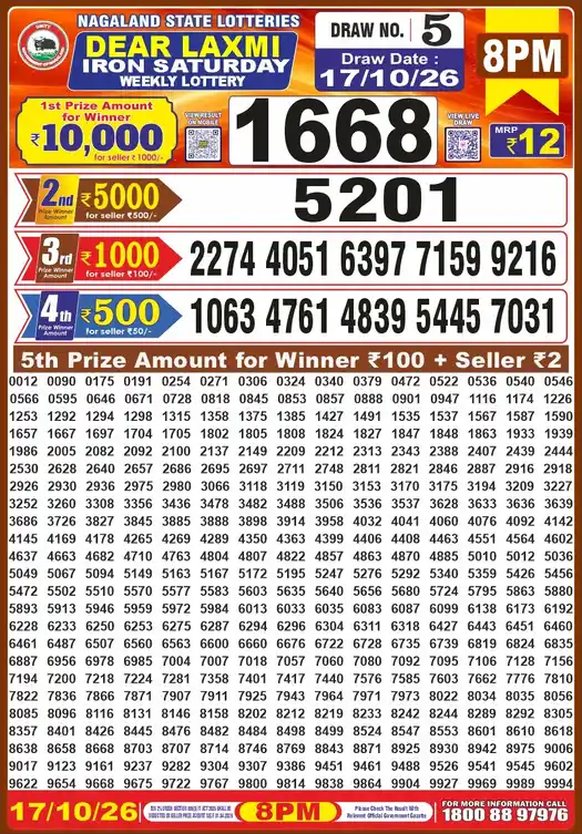 Nagaland State Dear Laxmi Iron Saturday lottery result 17.10.2026