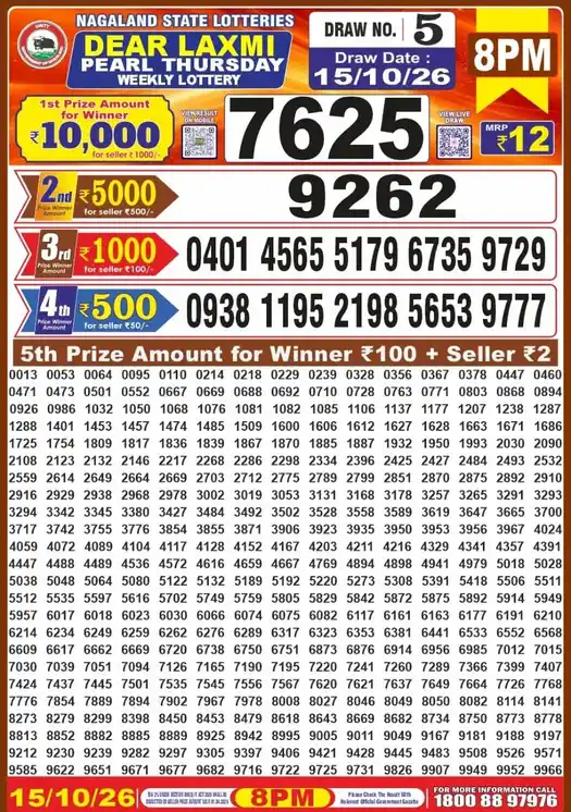 Nagaland State Dear Laxmi Pearl Thursday lottery result 15.10.2026