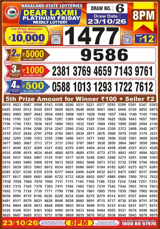 Nagaland Dear Laxmi 8 PM (23-10-2026), first prize 1477