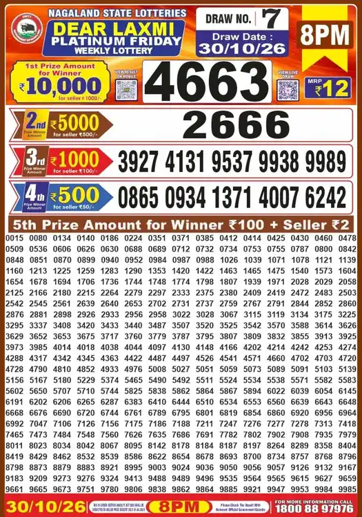 Nagaland State Dear Laxmi Platinum Friday lottery result 30.10.2026