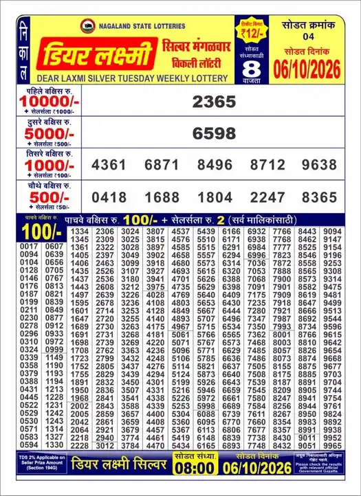 Nagaland State Dear Laxmi Silver Tuesday lottery result 06.10.2026