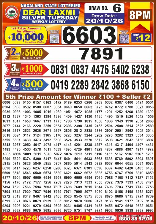 Nagaland State Dear Laxmi Silver Tuesday lottery result 20.10.2026