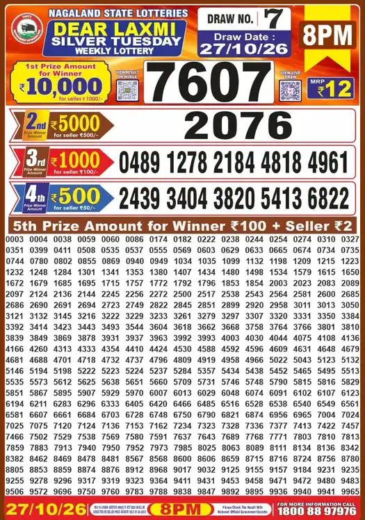 Nagaland State Dear Laxmi Silver Tuesday lottery result 27.10.2026