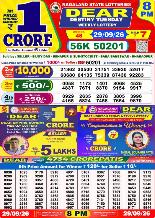 Nagaland State Dear Destiny Tuesday lottery result 29.09.2026