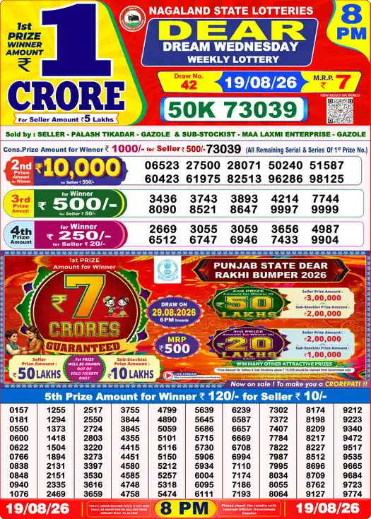 Nagaland State Dear Dream Wednesday lottery result 19.08.2026