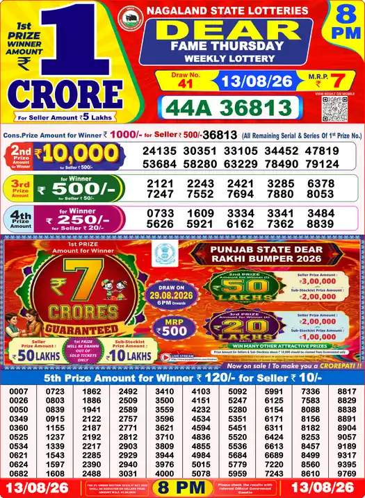 Nagaland State Dear Fame Thursday lottery result 13.08.2026