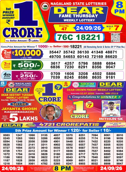 Nagaland State Dear Fame Thursday lottery result 24.09.2026