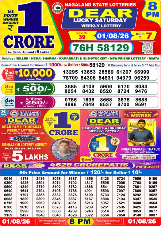 Nagaland State Dear Lucky Saturday lottery result 01.08.2026