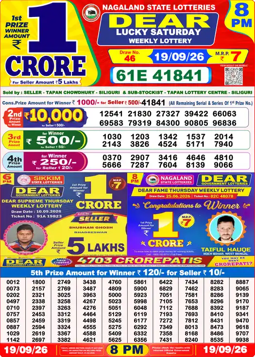 Nagaland State Dear Lucky Saturday lottery result 19.09.2026