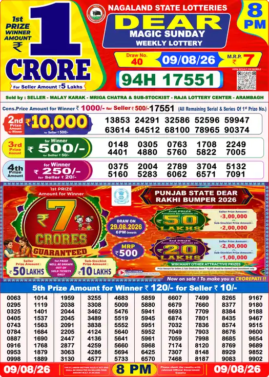 Nagaland State Dear Magic Sunday lottery result 09.08.2026