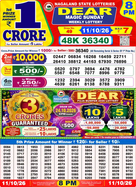 Nagaland State Dear Magic Sunday lottery result 11.10.2026