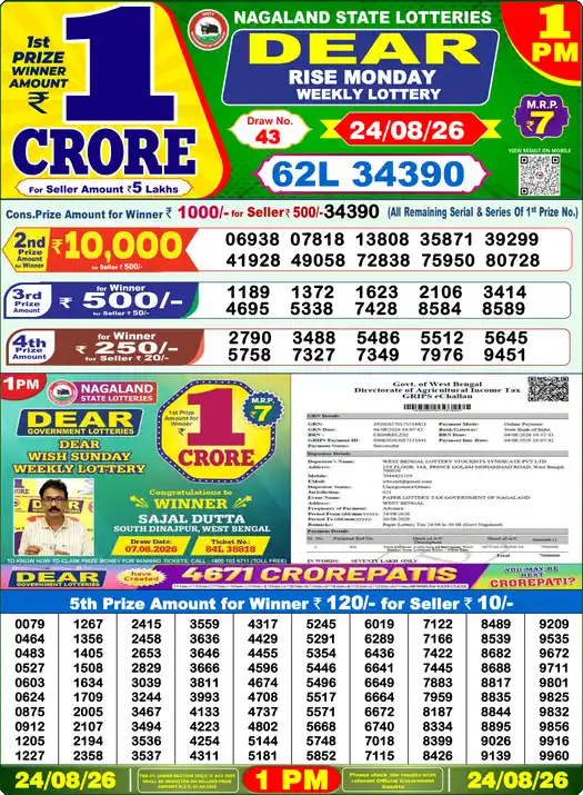 Nagaland State Dear Rise Monday lottery result 24.08.2026