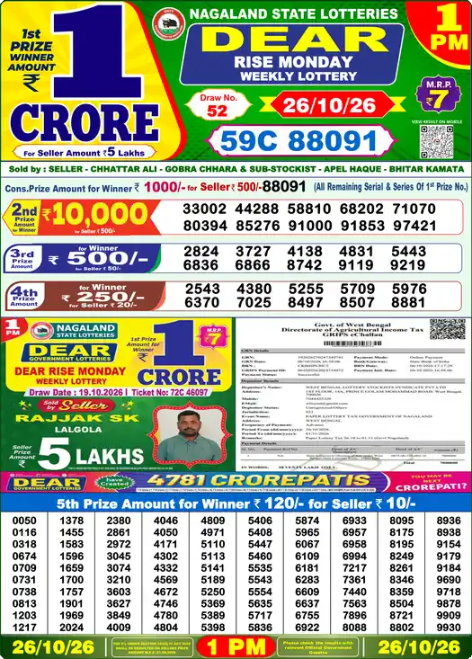 Nagaland State Dear Rise Monday lottery result 26.10.2026