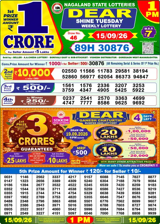 Nagaland State Dear Shine Tuesday lottery result 15.09.2026