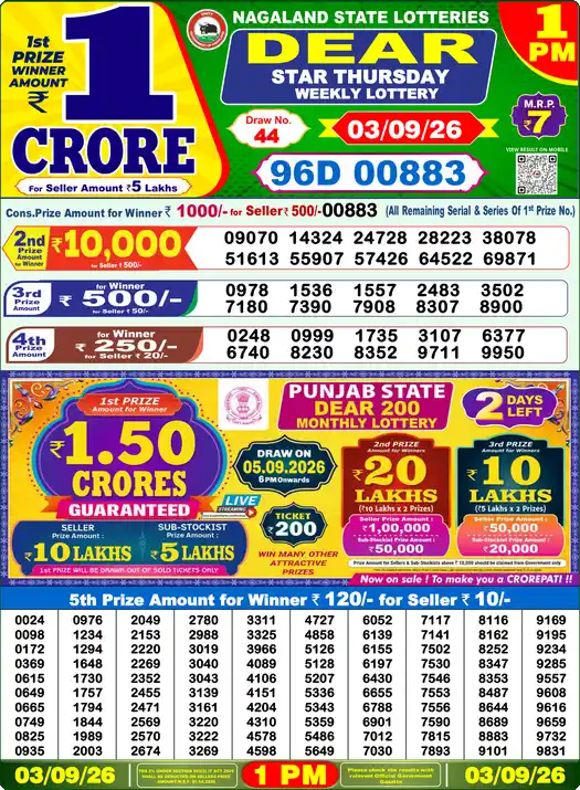Nagaland State Dear Star Thursday lottery result 03.09.2026