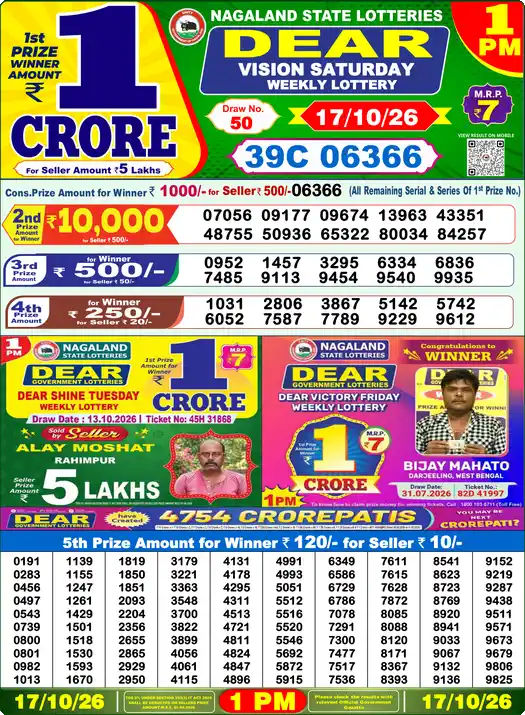 Nagaland State Dear Vision Saturday lottery result 17.10.2026